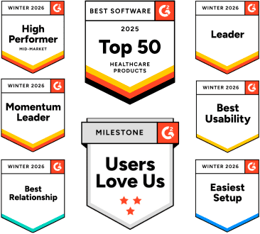 G2 Awards — Top 50 Healthcare Products 2025, High Performer, Leader, Momentum Leader, Best Usability, Best Relationship, Easiest Setup, Users Love Us